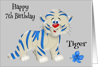 7th Birthday, general, cute blue and white tiger, blue flower on gray card