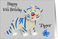 10th Birthday, general, cute blue and white tiger, blue flower on gray card