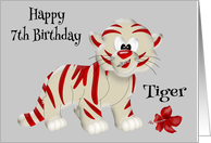 7th Birthday, general, cute red and white tiger, red flower on gray card