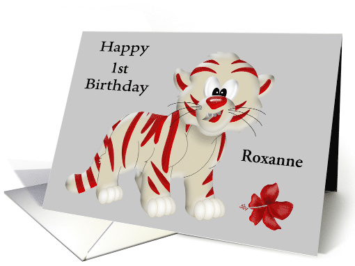 Birthday Custom Age and Name Card with a Cute Red and White Tiger card