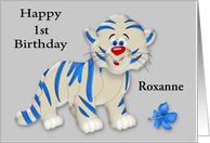 Birthday, custom name and age, cute blue and white tiger, blue flower card