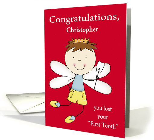 Congratulations on Losing First Tooth Custom Name and a Boy Fairy card
