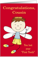 Congratulations to Cousin, Losing first tooth, boy fairy with crown card