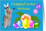 Birthday on Easter, general, Raccoon with bunny ears, flower, eggs card