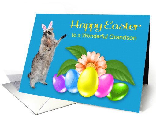 Easter to Grandson with a Raccoon Wearing Bunny Ears and Eggs card