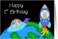 1st Birthday, general, raccoon in a rocket and another in a space ship card