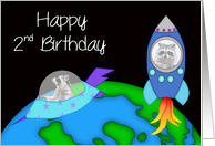 2nd Birthday, general, raccoon in a rocket and another in a space ship card