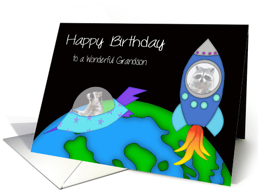 Birthday to Grandson, raccoon in a rocket, another in a spaceship card