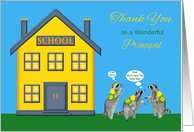 Thank You To School Principal, Raccoons wearing book bags on blue card