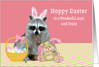 Easter to Aunt and Uncle, Raccoon with bunny ears with bunny, basket card