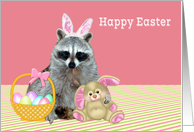 Easter, general, Raccoon with bunny ears with a bunny and basket card