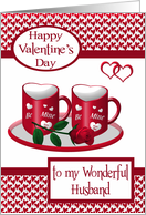 Valentine’s Day to Husband with Heart Mugs and a Single Red Rose card