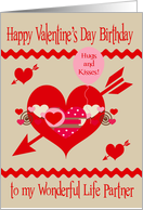 Birthday On Valentine’s Day To Life Partner, red, white, pink hearts card