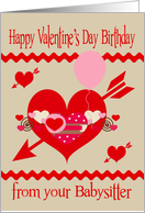 Birthday On Valentine’s Day From Babysitter, red, white, pink hearts card