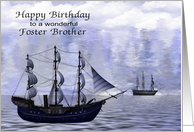 Birthday To Foster Brother, Ships on the water with a wintery scene card