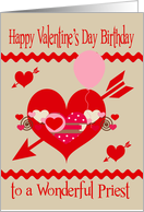 Birthday On Valentine’s Day To Priest, red, white, pink hearts, arrows card