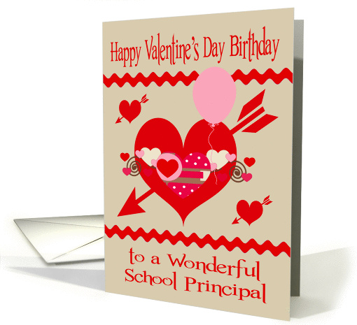Birthday On Valentine's Day To School Principal, red, white, pink card