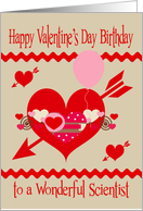 Birthday On Valentine’s Day To Scientist, red, white, pink hearts card