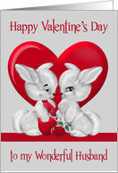 Valentine’s Day to Husband with a Boy and a Girl Bunny Against a Heart card