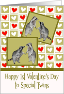 1st Valentine’s Day, twins, raccoons on a green and red heart design card