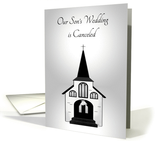 Announcement for Wedding Canceled for Son, Church, silver, white card