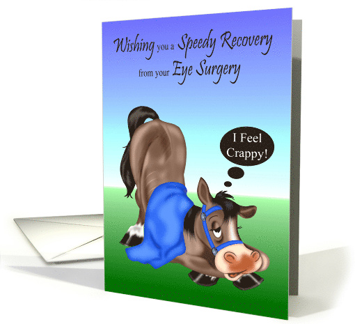 Get Well from Eye Surgery, A sick horse with a blue blanket card