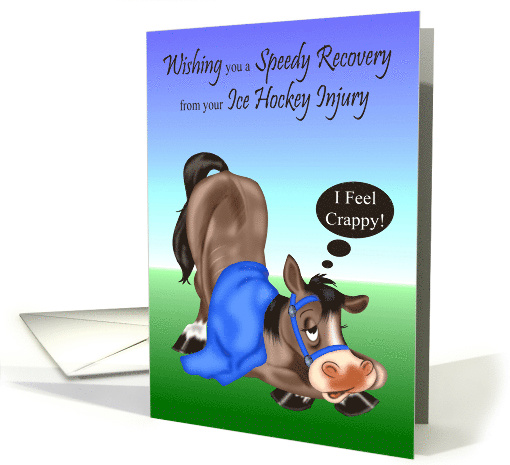 Get Well, Ice Hockey Injury, horse with a blue blanket and bridle card