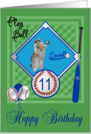 11th Birthday, raccoon playing baseball with a ball and mitt on green card