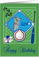 Birthday, general, raccoon playing baseball with a ball, mitt on green card