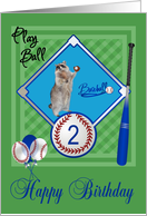 2nd Birthday, raccoon playing baseball with a ball and mitt on green card