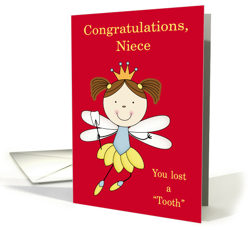 Congratulations to Niece, Losing tooth, girl fairy, crown on red card