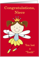 Congratulations to Niece, Losing tooth, girl fairy, crown on red card