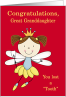 Congratulations to Great Grandaughter, Losing tooth, girl fairy, crown card