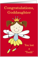 Congratulations to Goddaughter, Losing tooth, girl fairy, crown on red card