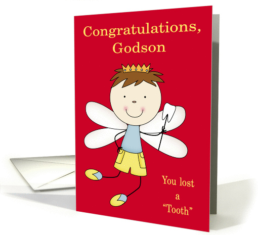 Congratulations to Godson, Losing tooth, boy fairy, crown on red card