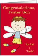 Congratulations to Foster Son, Losing tooth, boy fairy, crown on red card