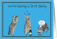 Invitations, Thank God It’s Friday party, raccoons celebrating, blue card