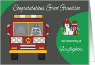 Congratulations To Great Grandson, Becoming Firefighter, raccoon card