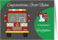 Congratulations To Great Nephew, Becoming Firefighter, raccoon card