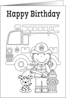 Birthday, general, fun coloring card, fire girl with a dalmatian puppy card