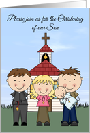 Invitations, Christening of Son, church with people against blue sky card