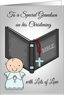 Congratulations on Christening to Grandson with a Baby Boy and a Bible card