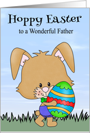 Easter to Father with a Bunny in the Grass Holding a Big Decorated Egg card