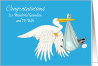 Congratulations To Grandson and Wife, Boy, Stork with raccoon, blue card