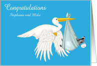 Congratulations, custom any relationship, Boy, Stork with raccoon card