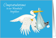 Congratulations To Neighbors, Boy, Stork with raccoon in blue blanket card