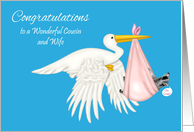 Congratulations To Cousin and Wife, Girl, Stork with a raccoon, pink card