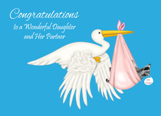 Congratulations to Daughter and Partner with a Stork and a Raccoon
