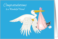 Congratulations To Friend, Girl, Stork with raccoon in a pink blanket card