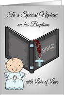 Congratulations, Baptism to Nephew, baby boy, bible with red rosary card